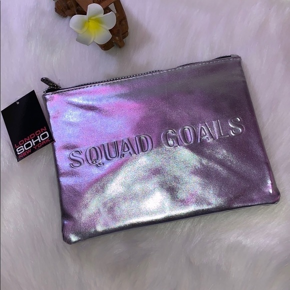 SOHO Beauty Handbags - LONDON SOHO NY SHINY SILVER “Squad Goals” CLUTCH HYGIENE MAKEUP BAG
